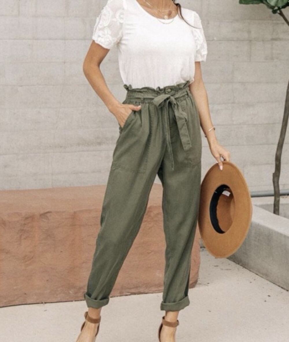 Abercrombie & Fitch Olive Green Paperbag Waist Pull On Pants XS Sheen Finish
